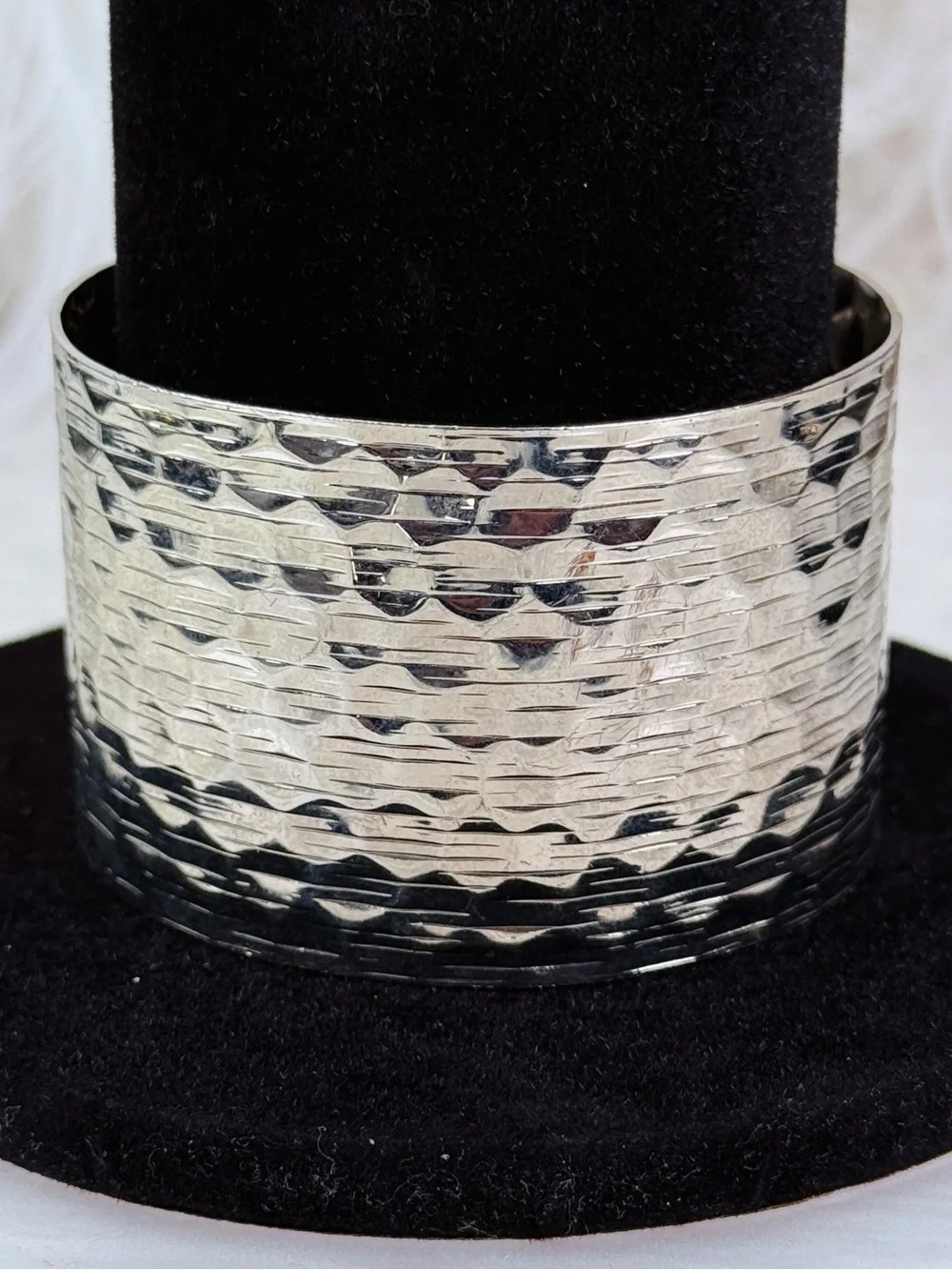 Wide Silver Cuff Bracelet Hammered Textured Reflective Statement Open Bangle